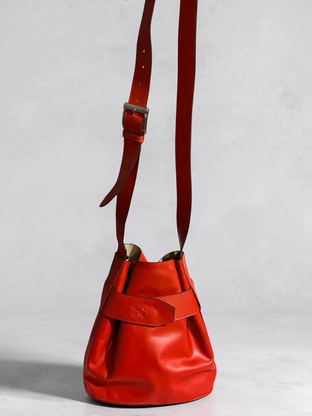 Red Leather Crossbody Bucket Bag